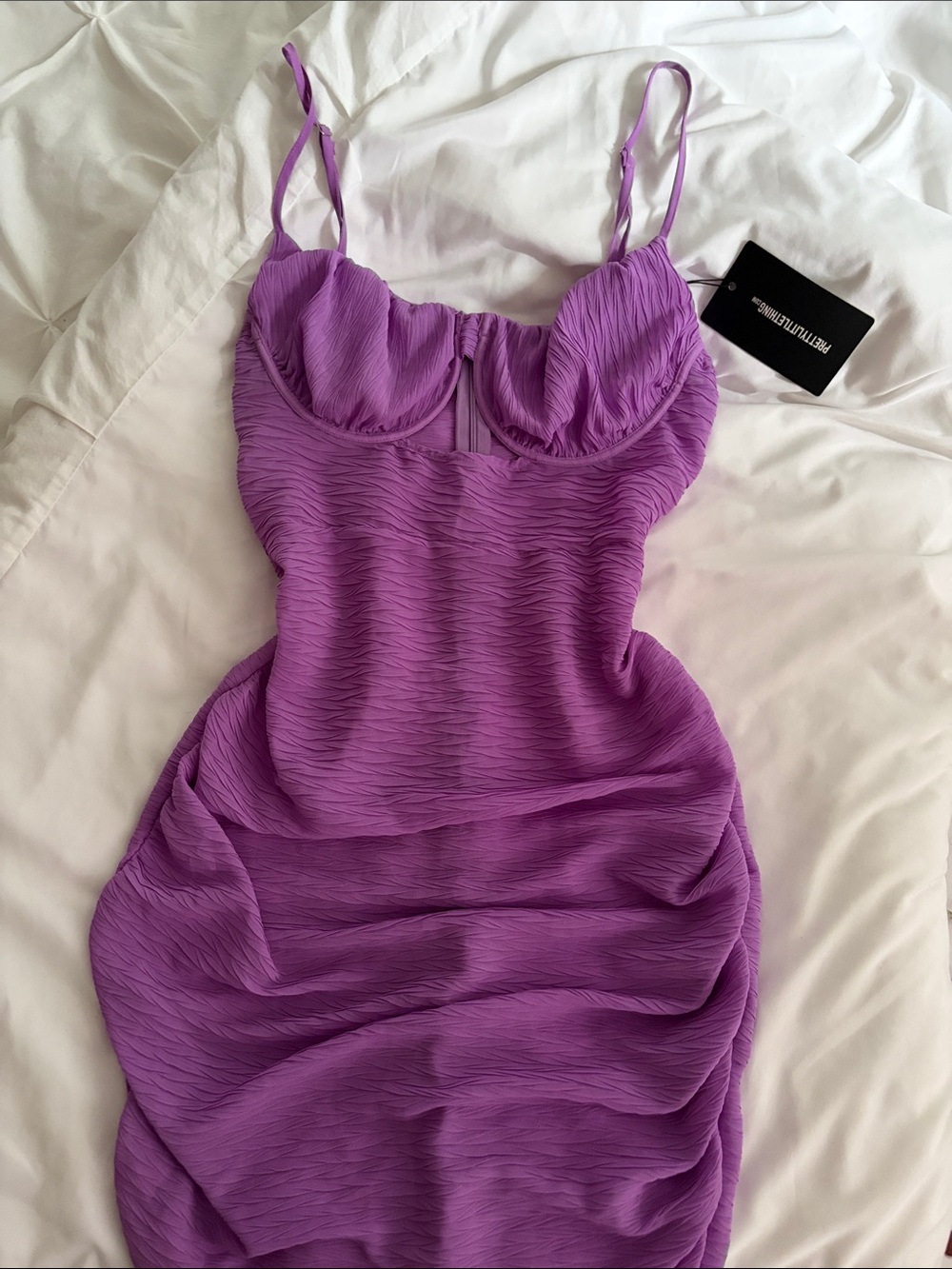 Prettylittlething Purple Ruched Cut-out Bustier Mesh Strap Textured Dress